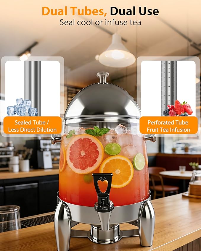 Beverage Dispenser with Stand, 3 Gallon Drink Dispenser for Parties,Events,Buffet &Self-Serve,Dual Ice Tube Core Fruit Infuser,Leakproof Spigot,Clear PC Container, Stainless Steel Lid&Base - Image 4
