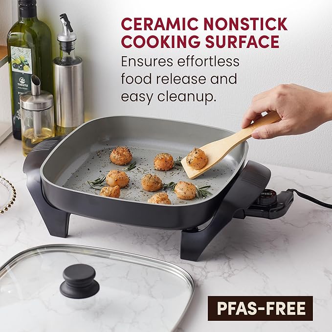 Elite Gourmet 12"x12"x2.15” Ceralast™ PFAS Free Ceramic Electric Skillet, Dishwasher Safe, Rapid Heat Up, 1200W, Dark Grey - Image 3
