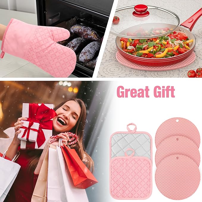 Sumind Pink Oven Mitts and Pot Holders 7 Sets, Heat Resistant Kitchen Gloves Pads Potholders for Mother Women Gifts Pot Holders Kitchen Accessories Gift(Pink,Rubber Cotton,Honeycomb) - Image 5