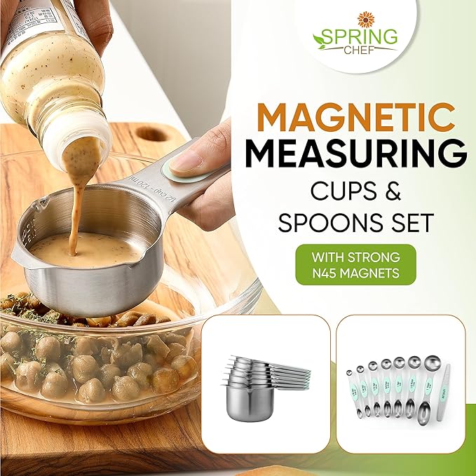Spring Chef Magnetic Measuring Cups & Spoons Set, Patented, Strong N45 Magnets, Heavy Duty Stainless Steel Fits in Spice Jars for Baking & Cooking, BPA Free, Round Set of 15 with Leveler, Mint - Image 3