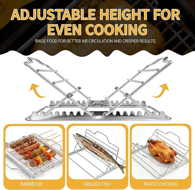 Roasting Rack for 9x13 Inch Pan, Adjustable Turkey Rack for Roasting Pan V-Shaped, Made of Stainless Steel, Keeps Food Elevated and Improves Airflow, Easy to Clean, Ideal for Turkey and Chicken