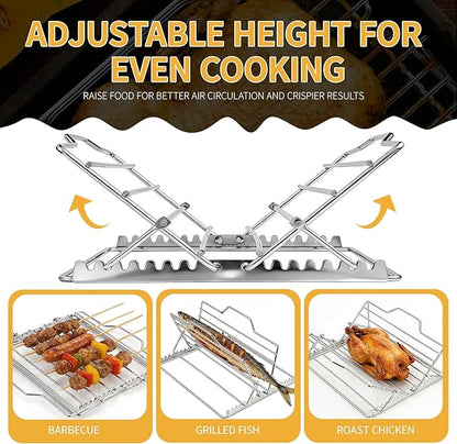 Roasting Rack for 9x13 Inch Pan, Adjustable Turkey Rack for Roasting Pan V-Shaped, Made of Stainless Steel, Keeps Food Elevated and Improves Airflow, Easy to Clean, Ideal for Turkey and Chicken