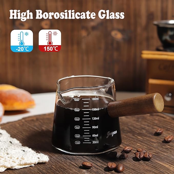 Joeyan 6 oz Glass Measuring Cup with Double Spouts,Borosilicate Espresso Shot Glasses with Wooden Handle,Claer Measuring Triple Milk Frothing Pitcher for Coffee Tea - Image 2