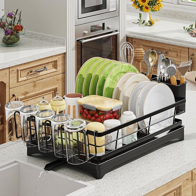 Ekisemio Dish Drying Rack for Kitchen Counter - Large Capacity Dish Drainer with Cutlery Holder & Drip Tray, Space Saving Kitchen Organizer (12x15.7), Black by Ekisemio