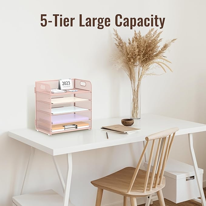 2 Pack 5-Tier Pink Desk Organizer with Handle Mesh Desk File/Paper Organizer Letter Tray for Office, School, Classroom and Home Easy Installation - Image 6