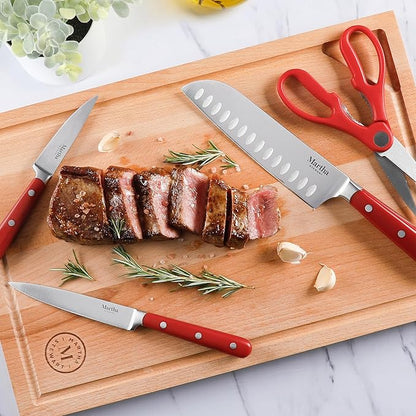 MARTHA STEWART Eastwalk 14 Piece High Carbon Staineless Steel Cutlery Knife Block Set w/ABS Triple Riveted Forged Handle Acacia Wood Block - Red - Image 6