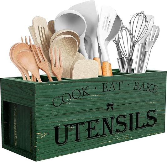 Suli Extra Large Kitchen Utensils Holder with 4 Compartments, Wooden Utensil Organizer for Kitchen Countertop, Farmhouse Decor, Rustic Cooking Utensil - Green grain by Suli