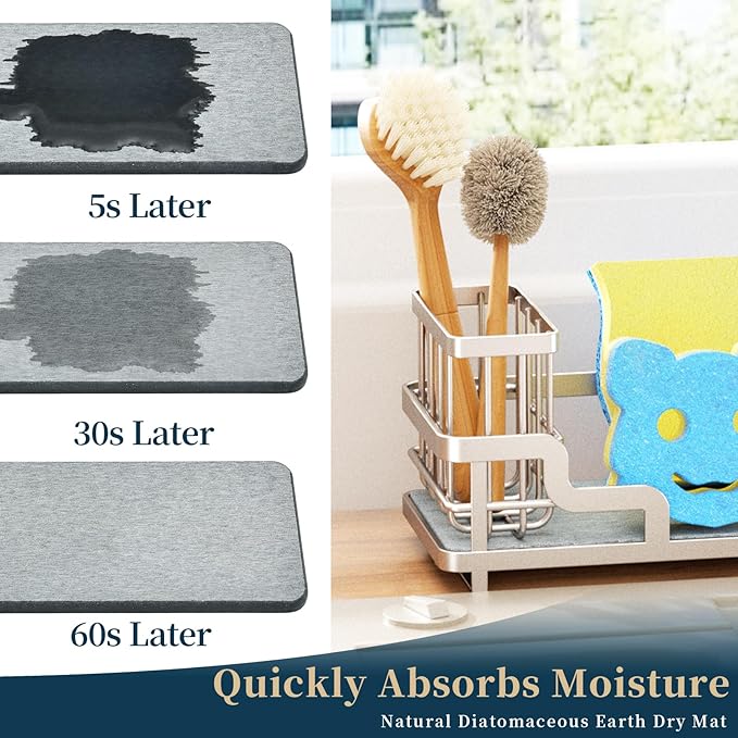 Consumest Sponge Holder for Kitchen Sink - Sink Caddy Organizer with Water Absorbing Stone Tray, Detachable Brush Holder, Stainless Steel Kitchen Counter Organizer Rack, Sand Nickel - Image 2