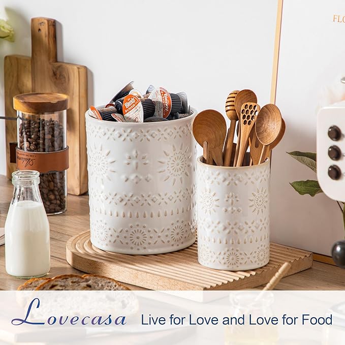 LOVECASA Utensil Holder, 7.2"+5.4" Ceramic Utensil Holder for Countertop, Large Cooking Utensil Crocks for Kitchen Counter, Farmhouse Utensil Vase for Housewarming, Kitchen Decor, Set of 2, Oasis - Image 4