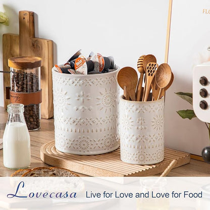 LOVECASA Utensil Holder, 7.2"+5.4" Ceramic Utensil Holder for Countertop, Large Cooking Utensil Crocks for Kitchen Counter, Farmhouse Utensil Vase for Housewarming, Kitchen Decor, Set of 2, Oasis - Image 4