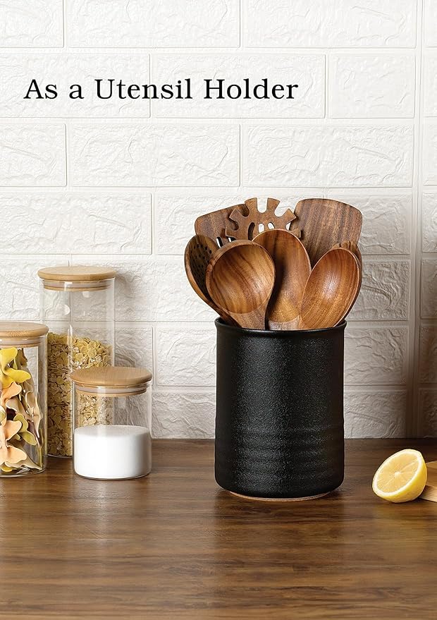 ABRUTY Utensil Holder, 6.7" Ceramic Kitchen Utensil Crock for Countertop Cooking, Modern Utensil Caddy Jar Organizer for Farmhouse Kitchen Counter Décor, Textured Black - Image 5