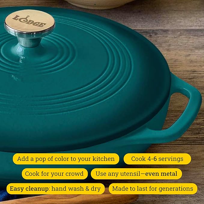 Lodge Essential Enamel Braiser - Refrigerator- & Oven-Safe up to 500° F - Heat-Retaining, Induction-Safe & PFAS-Free Enamel Cookware - 3.5 Quart, Lagoon - Image 2