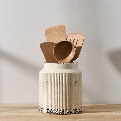 JIEMEI HOME Kitchen Utensil Holder, 6.77" Ceramic Farmhouse Stable Utensil Crock for Countertop, Vintage Style Cooking Tool Organizer with Cork Mat, Spatula Holder For Kitchen Decor, Antique Beige by JHJIEMEIHOME
