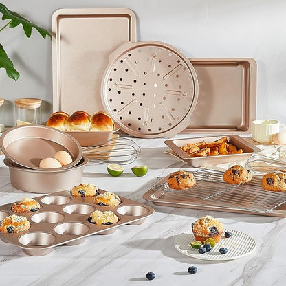 HONGBAKE Bakeware Sets, Baking Pans Set, Nonstick Oven Pan for Kitchen with Wider Grips, 10-Piece Including Rack, Cookie Sheet, Cake Pans, Loaf Pan, Muffin Pan, Pizza Pan - Champagne Gold - Image 2