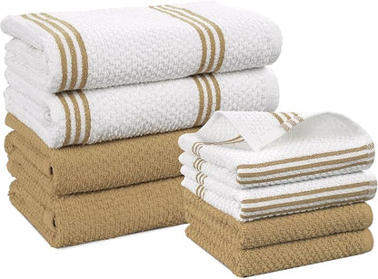 Casa Platino Kitchen Dish Cloths and Dish Towels, 8 Pc Cotton Set with Dual Designs for Drying and Surface Care, Soft and Stylish Helpers for Warm-Toned Kitchens – Beige
