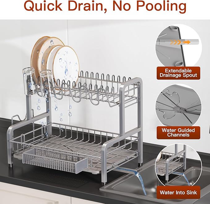 2 Tier Dish Drainer Drying Rack for Kitchen Counter, Large Stainless Steel Dishes Dryer with Drainboard, Space Saving, Big Rustproof Metal Modern Countertop Plates Strainer with Utensil Holder, Sliver - Image 4