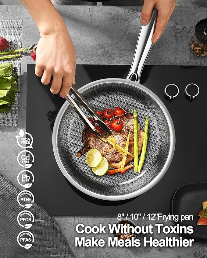 FogDream 8, 10, 12" Stainless Steel Frying Pan, Honeycomb Hybrid Nonstick Skillet for Induction & All Cooktops, PFAS/PFOA/PTFE Free, Oven Safe to 500°F, Stay-Cool Handle, Dishwasher Safe, Silver - Image 4