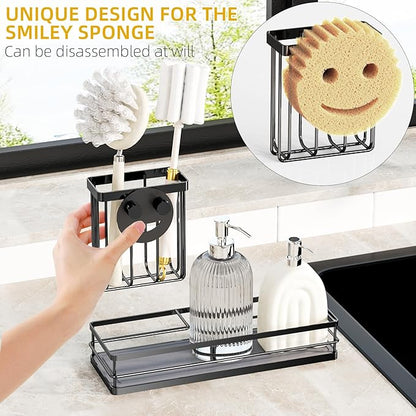 Galasily Sink Caddy Organizer with Water Absorbing Stone Tray, Instant Dry Sponge Holder Smiley Face, Dish Brush Holder for Countertop, Kitchen Storage Accessories and Organization Essentials (Black) - Image 4