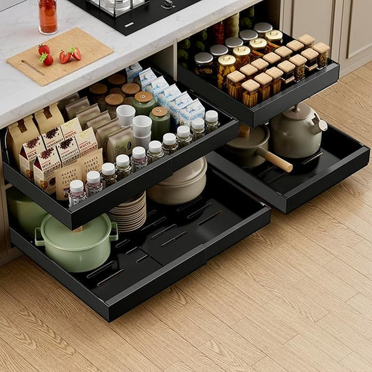 PAKETA 1 Pack Expandable Pull Out Cabinet Organizer, 21'' Deep Pull Out Drawers for Cabinets, Upgrade 3 Slide Rails Sliding Drawers for Cabinet with Adhesive Nano Film (Black) by Unknown