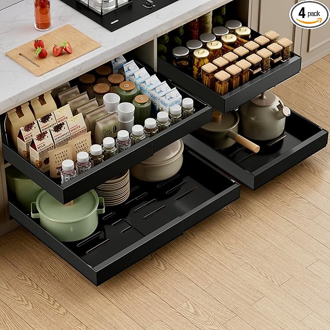 PAKETA 4 Pack Expandable Pull Out Cabinet Organizer, 21'' Deep Pull Out Drawers for Cabinets,Upgrade 3 Slide Rails Sliding Drawer for Kitchen Cabinet Organizer with Adhesive Nano Film (Black) by Unknown