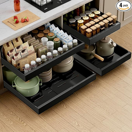 PAKETA 4 Pack Expandable Pull Out Cabinet Organizer, 21'' Deep Pull Out Drawers for Cabinets,Upgrade 3 Slide Rails Sliding Drawer for Kitchen Cabinet Organizer with Adhesive Nano Film (Black) by Unknown