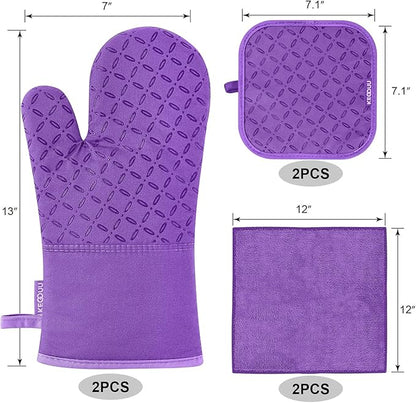 KEGOUU Oven Mitts and Pot Holders 6pcs Set, Kitchen Oven Glove High Heat Resistant 500 Degree Extra Long Oven Mitts and Potholder with Non-Slip Silicone Surface for Cooking (Purple) - Image 2