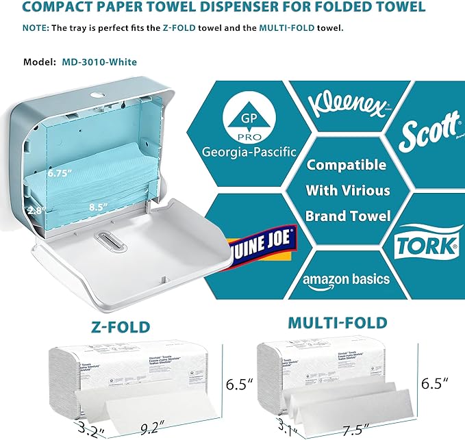 Paper Towel Dispenser Wall Mount: No Drill Adhesive Z-fold Multifold Paper Towel Dispenser, Compact Design for Family Bathrooms & Small Spaces, Locking Feature - Image 4