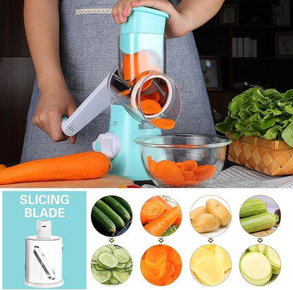 Cambom Rotary Cheese Grater Hand Crank Cheese Shredder for Fresh Cheese, Vegetable, Nuts,Non-slip Suction Base, Free Cleaning Brush Three Blades, Blue - Image 4
