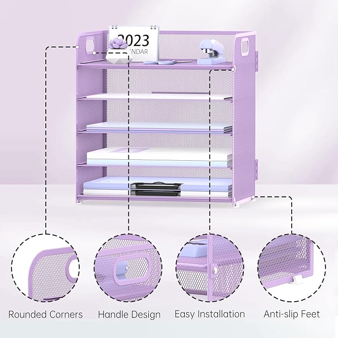 2 Pack 5-Tier Purple Desk Organizer with Handle Mesh Desk File/Paper Organizer Letter Tray for Office, School and Home Easy Installation Purple Office Supplies - Image 3