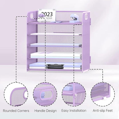 2 Pack 5-Tier Purple Desk Organizer with Handle Mesh Desk File/Paper Organizer Letter Tray for Office, School and Home Easy Installation Purple Office Supplies - Image 3