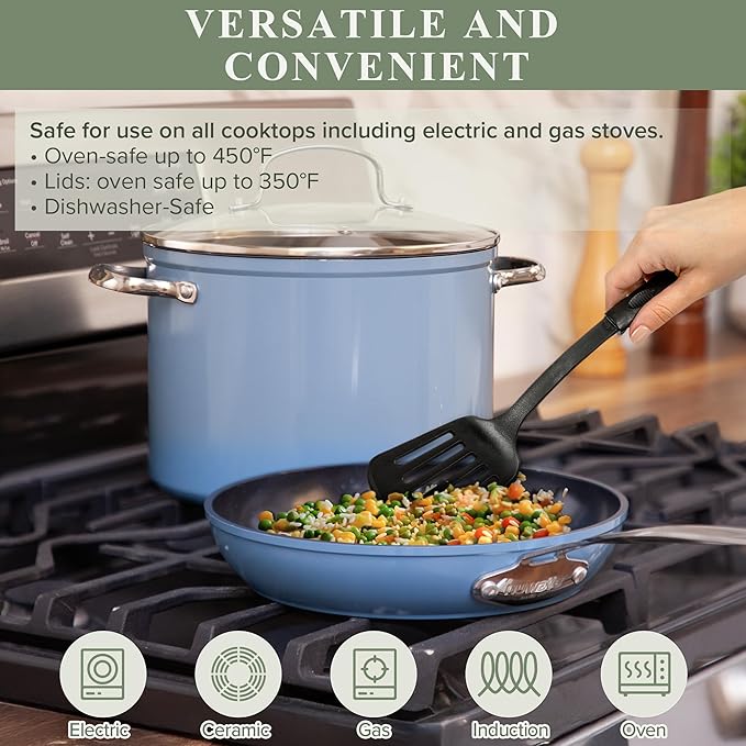 Nuwave Healthy Duralon Blue Ceramic Nonstick Cookware Set, Diamond Infused Scratch-Resistant, PFAS Free, Dishwasher & Oven Safe, Induction Ready & Evenly Heats, Tempered Glass Lids & Stay-Cool Handles - Image 5