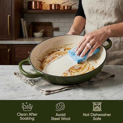 Vintage Style 3 Quart Enameled Cast Iron Braiser, Non Stick Enameled Cast Iron Skillet with Lid, Dutch Oven Skillet with lid up to 500°F for Oven, Stove, Grill, Shallow Dutch Oven for Cook, Bake (Gloden Green) - Image 6