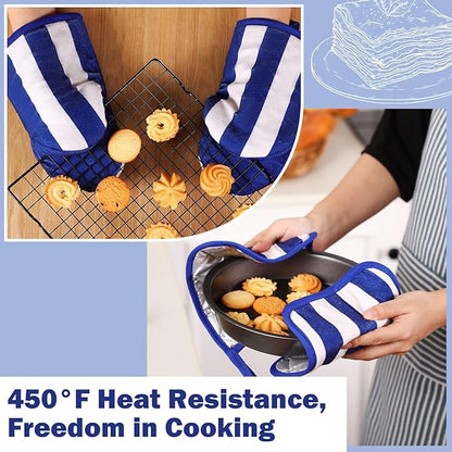 Reallnaive Oven Mitts and Pot Holders 4 Pcs Set for Kitchen, Stripe Cotton Oven Mitten Gloves Hot Pads Heat Resistant 500°f Outdoor Indoor Garden Baking Cooking BBQ Gift Hanging Loop, Beige (Blue) - Image 6
