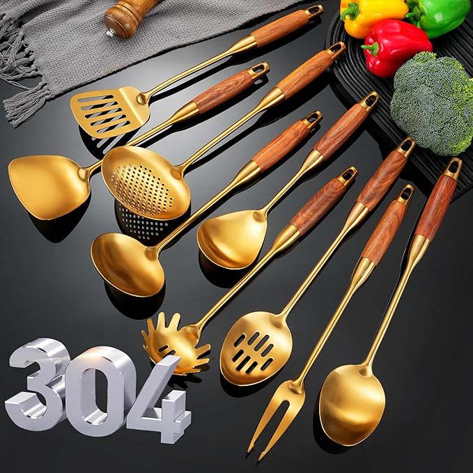 Gold Kitchen Utensils Set, 9 PCS Stainless Steel Cooking Utensils with Wood Handle, Solid and Slotted Spoon, Fork, Spatula, Ladle, Skimmer, Slotted Tunner, Spaghetti and Large Spoon - Image 7