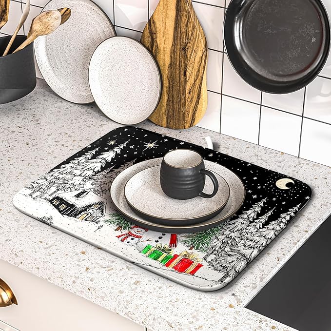 Winter Snowman Dish Drying Mat 18 X 16 in Black Microfiber Dish Pad Absorbent Holiday Kitchen Accessories - Image 5