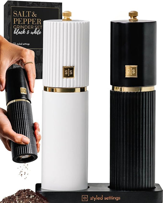 Wooden Salt and Pepper Grinder Set – Refillable Manual Salt and Pepper Mills with Adjustable Ceramic Burrs, Gold Detailing, and Wood Stand – Black and White by STYLEDSETTINGS