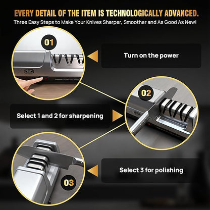Electric Knife Sharpener for Kitchen—Fast Sharpening to Restore and Polish Chef Straight and Serrated Knives with 3 Stages & 20° Angle System with Metal Dust Box
