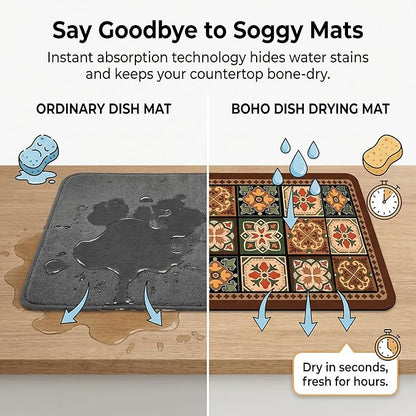 Boho Dish Drying Mat for Kitchen Counter - Super Absorbent Faux Leather Kitchen Mat, Quick Dry & Non-Slip Countertop Protector, Aesthetic Bohemian Decor for Coffee Bar (16"x21", Boho)