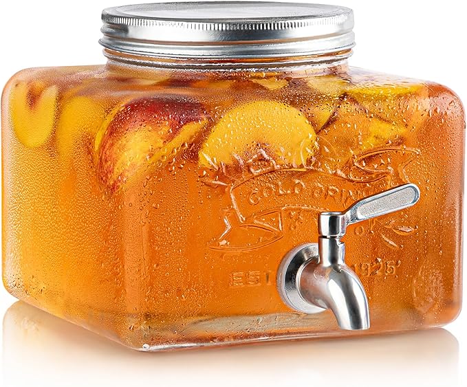Glass Drink Dispenser for Fridge - Stainless Steel Spigot Mason Jar Dispenser with Wide Opening & Easy-Fill - Beverage Storage for Outdoor, Water, Iced Tea, Juice, Sangria & Detergent, 1 GALLON by MosJos