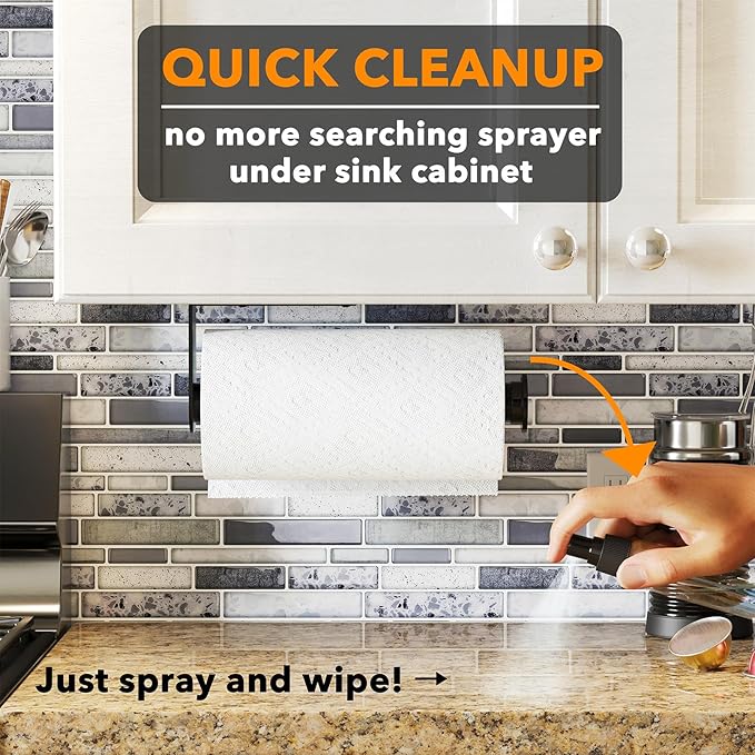 SpaceAid SprayNeat Paper Towel Holder with Spray Bottle, Under Cabinet Paper Towels Holders with Sprayer Inside Center, Hanging Wall Mount Papertowels Roller for Kitchen (Black Spray, Black)
