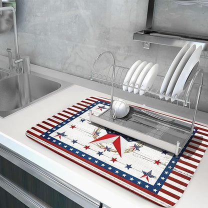 Giwawa Patriotic Stars Dish Drying Mat 4th of July America Star Wreath Dish Drainer Mats for Kitchen Countertop 18"x24" Rustic Independence Day Reversible Dish Drying Pad Large Decor