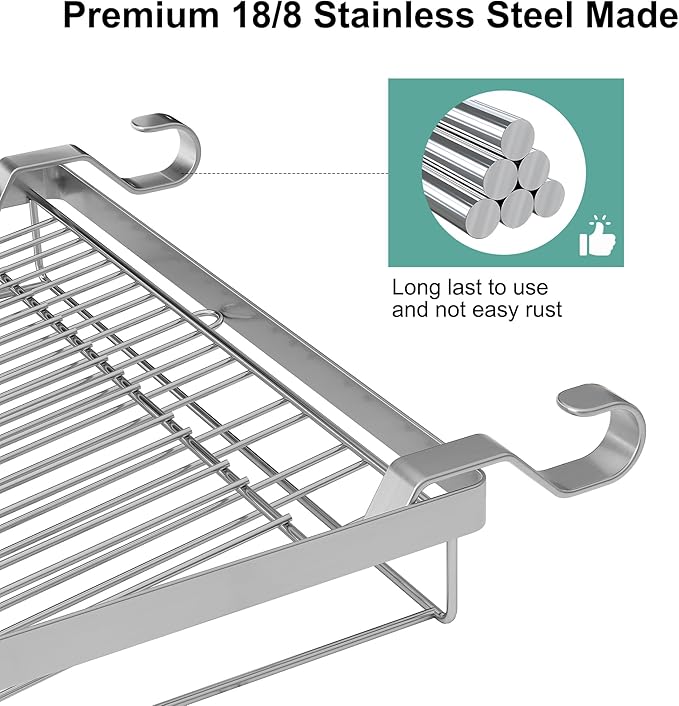 TQVAI Over Sink Dish Drainer Drying Rack, Stainless Steel Foldable Wall Mounted Dish Racks with Drainboard Hanging Rod and Sponge Holder, Silver - Image 5
