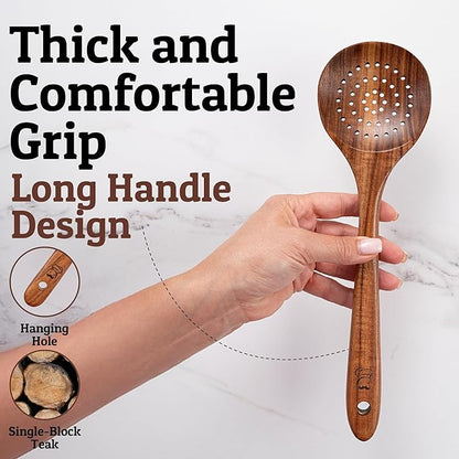 PriorityChef Wooden Slotted Spoon - Premium Teak Cooking Utensil for Frying, Straining & Serving - Long Handle Kitchen Spoon for Nonstick Cookware - Handcrafted Durable Wood