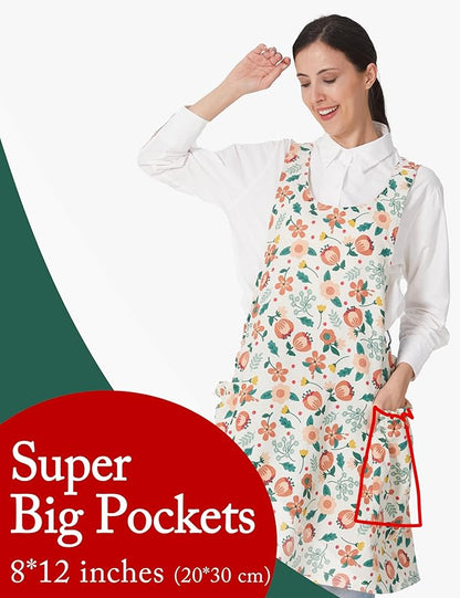 Cozy Adjustable Cross Back Aprons for Women with Pockets Cotton Linen Cooking Kitchen Baking