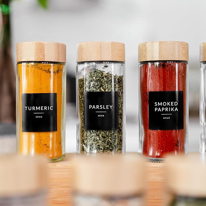 SAVVY & SORTED Glass Spice Jars with Label, 24PK Round Bamboo Jar Spices Set 4oz, 374 Spice Labels, Pepper Grinder, Empty Herb Seasoning Containers, Funnel and Shaker Lids - Image 7