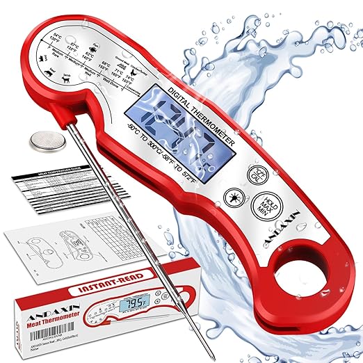 Meat Thermometer Digital - Fast Instant Read Food Thermometer for Cooking, Candy, Outside Grill, and Roast, Digital Food Thermometer with Backlight LCD & Calibration - Red/Silver by ANDAXIN