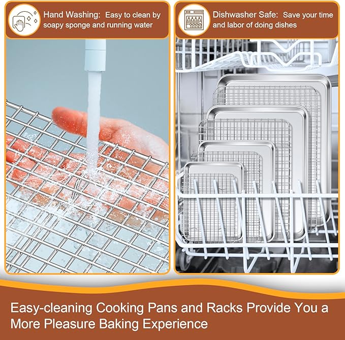 P&P CHEF 16 + 12.5 + 10.4 + 9 Inch Baking Sheet and Rack Set, 8Pcs Stainless Steel Cookie Sheets Oven Baking Pans Trays with Cooling Racks for Cooking, Oven & Dishwasher Safe, Pans with Grid Racks - Image 6
