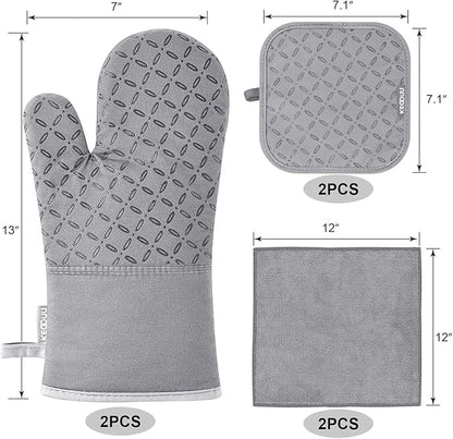 KEGOUU Oven Mitts and Pot Holders 6pcs Set, Kitchen Oven Glove High Heat Resistant 500 Degree Extra Long Oven Mitts and Potholder with Non-Slip Silicone Surface for Cooking (Light Gary) - Image 2