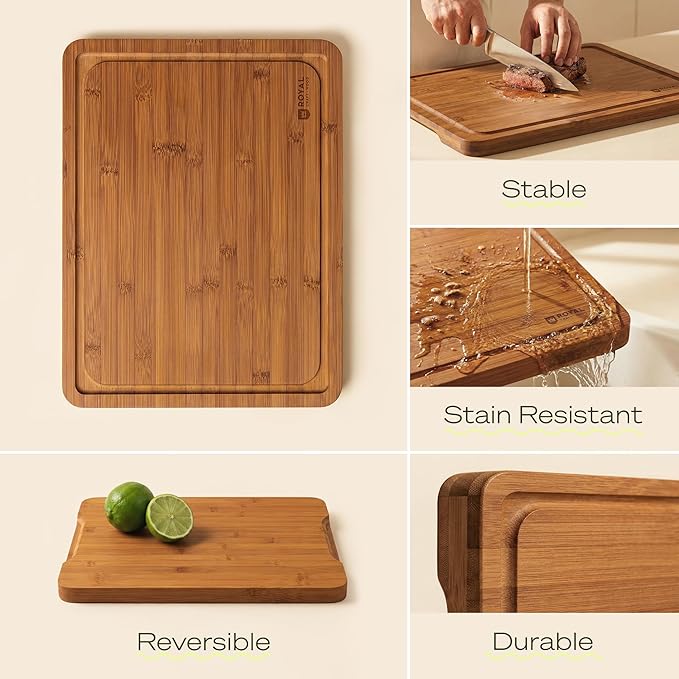 ROYAL CRAFT WOOD Wooden Cutting Boards for Kitchen Meal Prep & Serving - Bamboo Wood Cutting Board Set with Deep Juice Groove Side Handles - Charcuterie & Chopping Butcher Block for Meat (Set of 3)