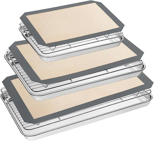 Baking Sheet Tray Cooling Rack with Silicone Mat Set, Stainless Steel Cookie Pan For Oven, Set of 9 (3 Sheets + 3 Racks Mats), Warp Resistant & Heavy Duty & Easy Clean, Grey by EWFEN